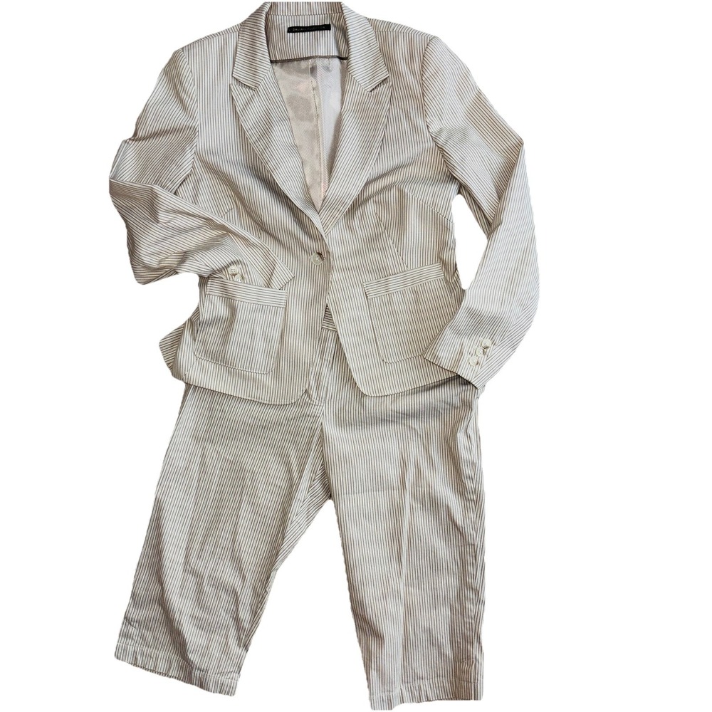 90s Trouser Shorts Womens Suit Sz 8 Beige Pinstripe Office Siren Preppy Academia